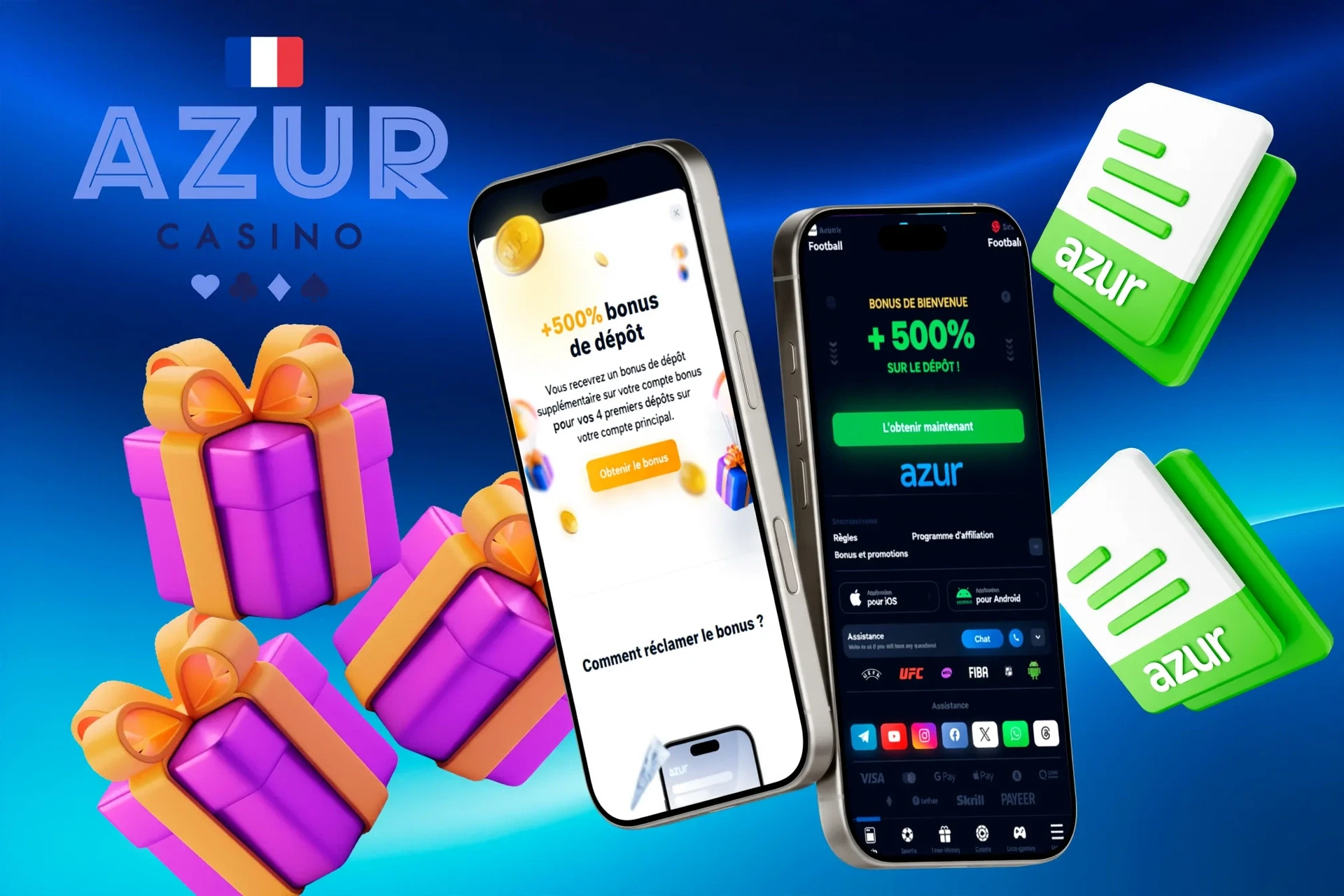 Promotion de l'application mobile Azur avec bonus de dépôt de 500% et illustration d'une boîte cadeau