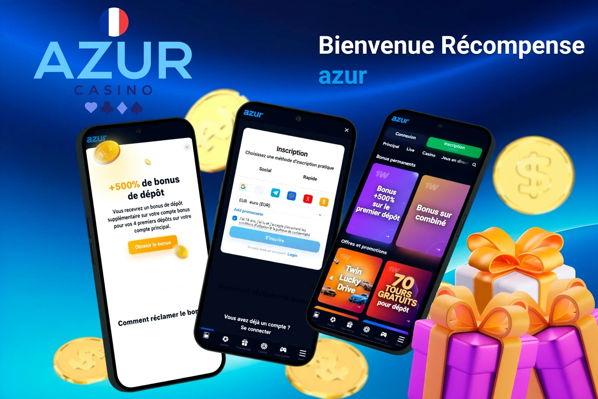 Écrans mobiles affichant l'inscription à Azur et un bonus de dépôt de 500 % avec des boîtes-cadeaux