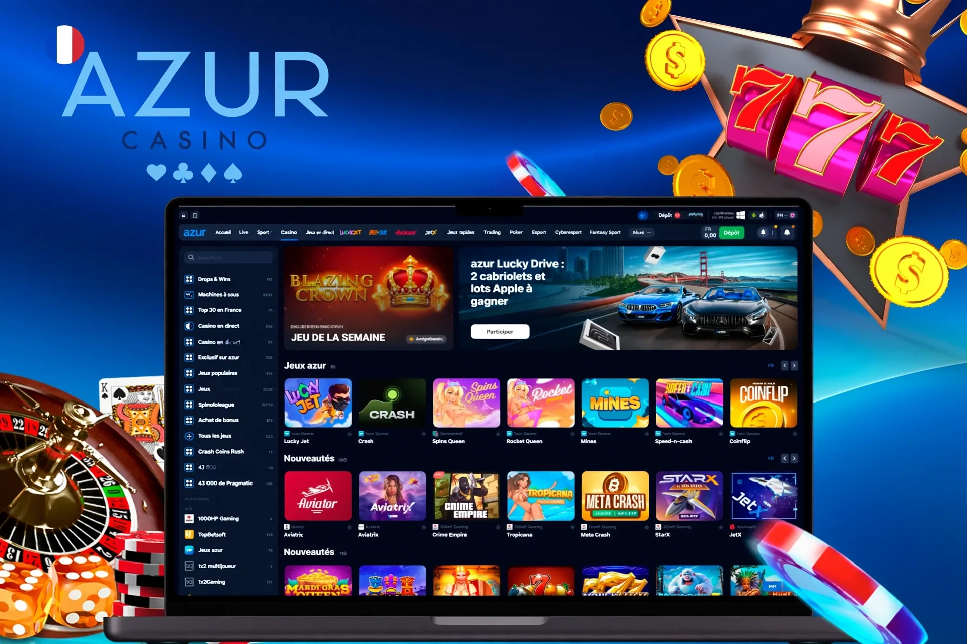 Page d'accueil du casino avec divers jeux de machines à sous et crash, y compris Lucky Jet et Blazing Crown