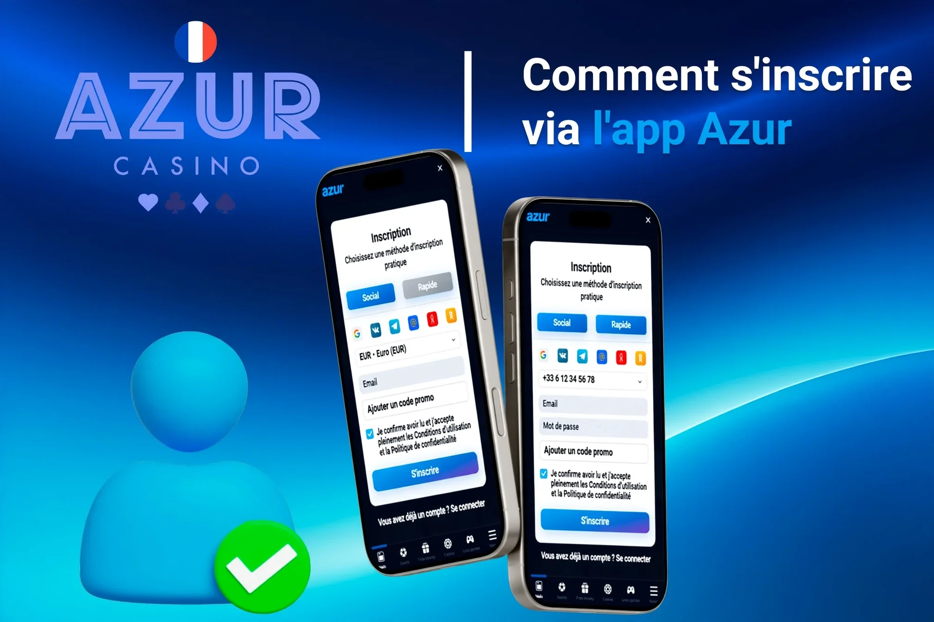Processus d'inscription sur l'application mobile Azur avec options de connexion sociale
