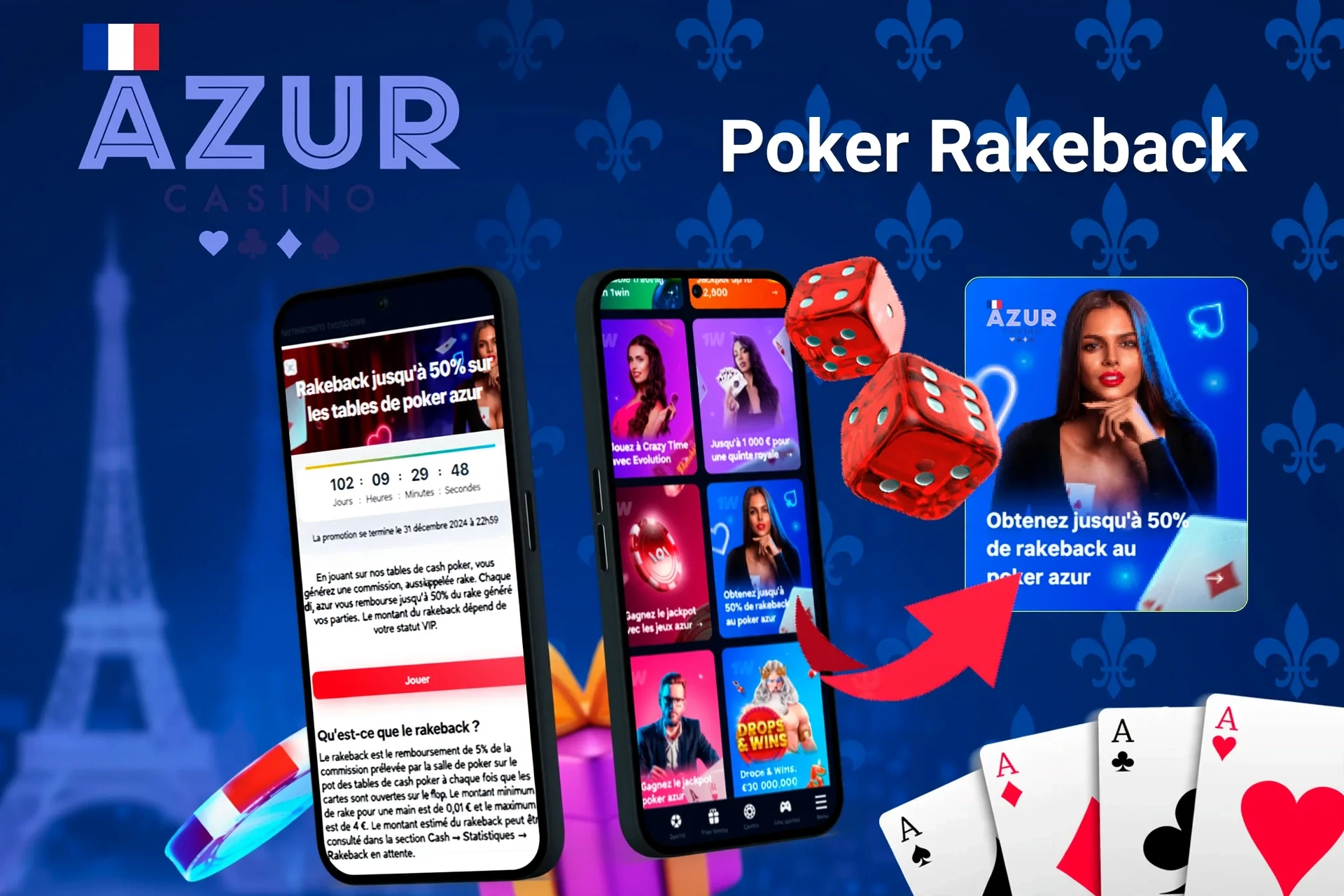 Application mobile avec offre de rakeback poker d'Azur jusqu'à 50 %, dés rouges et cartes à jouer