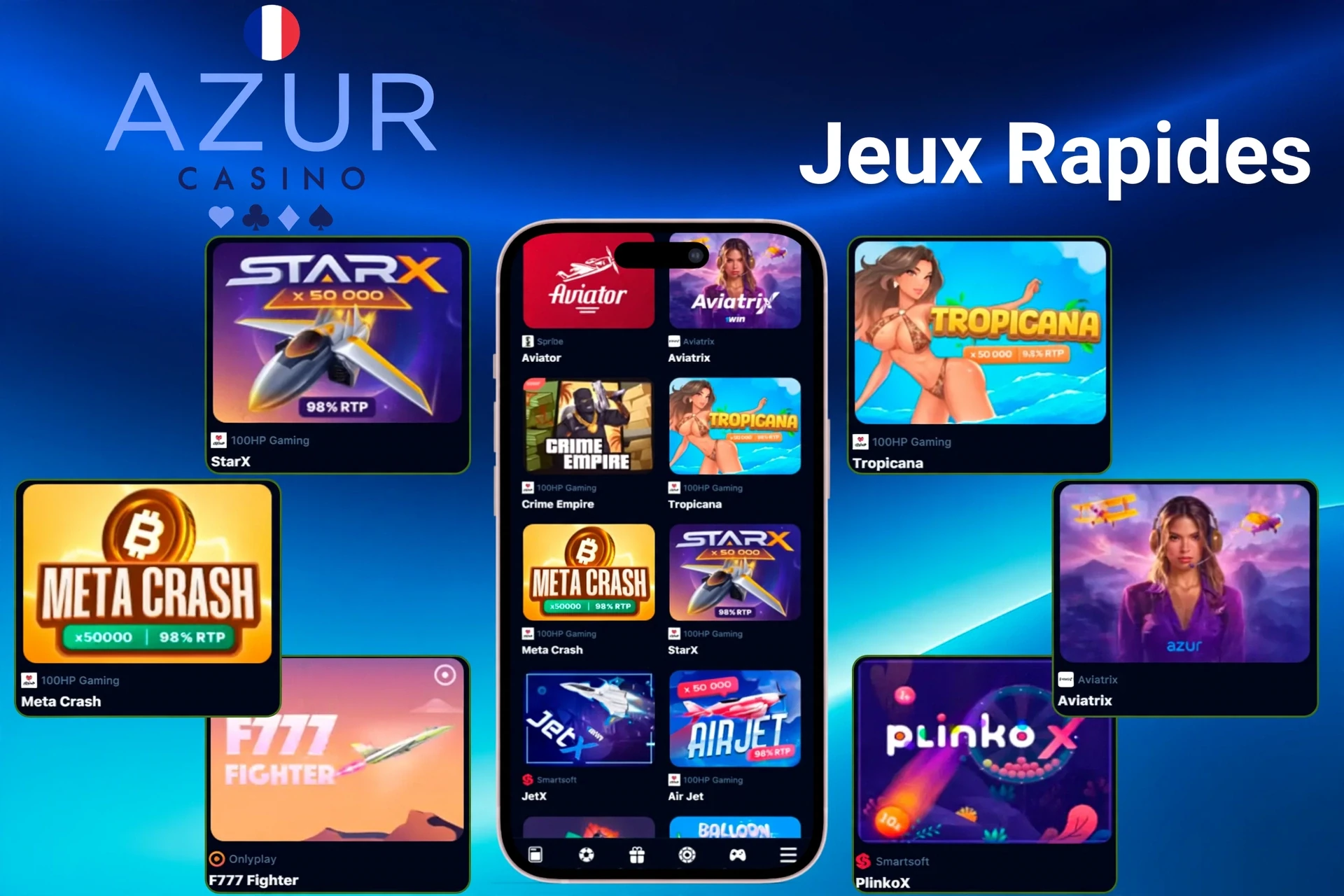 section jeux rapides avec des titres comme StarX, Tropicana, Meta Crash et PlinkoX mis en avant sur l'application mobile