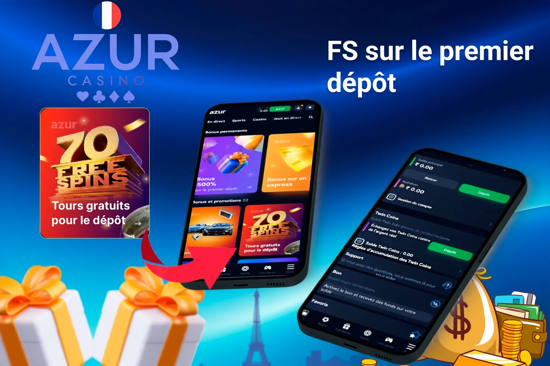 Application mobile affichant des offres de jeux de casino telles que programme de fidélité et tours gratuits avec jetons de poker et cartes