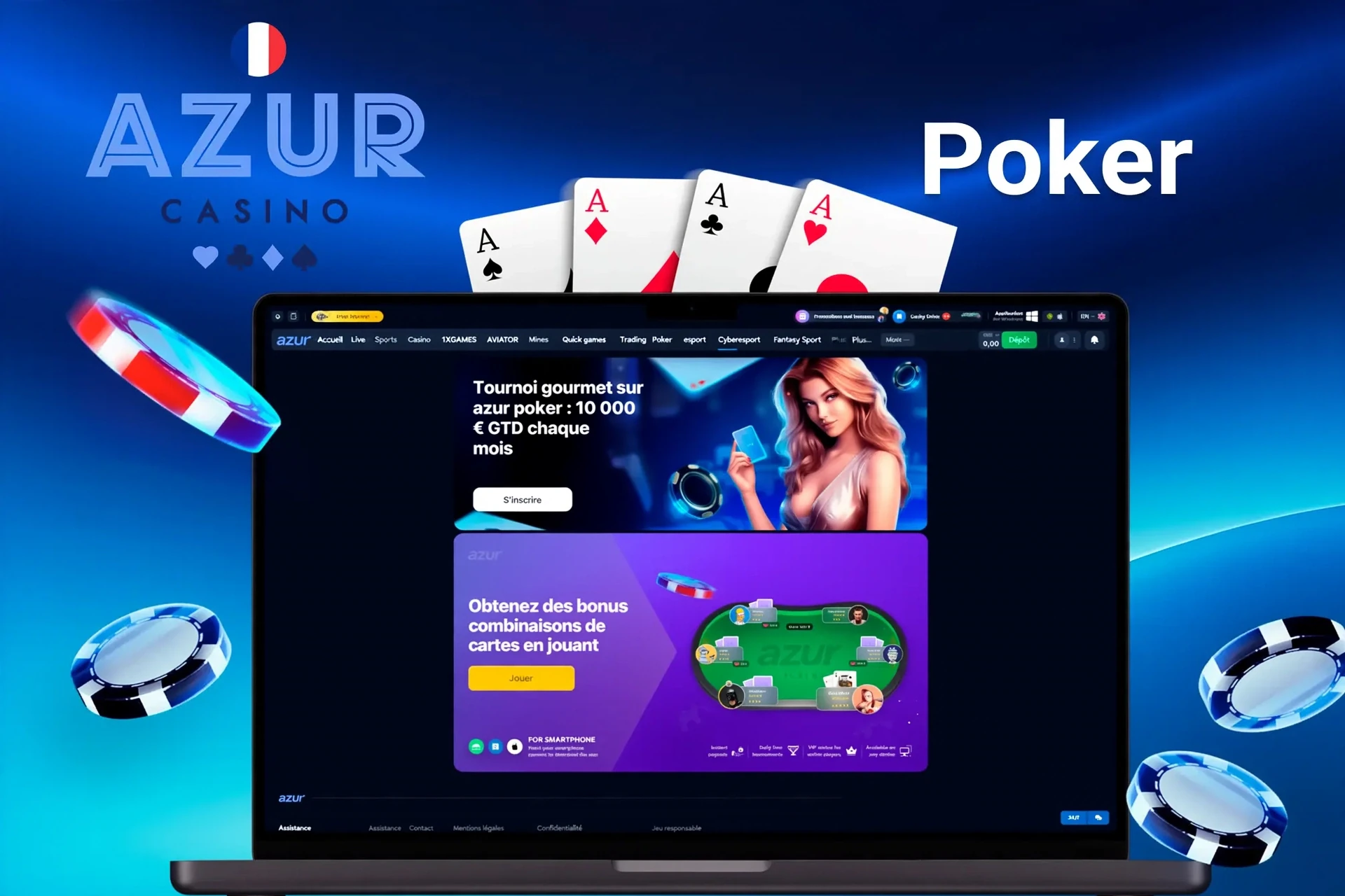 Promotion poker d'Azur présentant un tournoi gastronomique avec un prix garanti de 10 000 $ et des bonus pour combinaisons de cartes