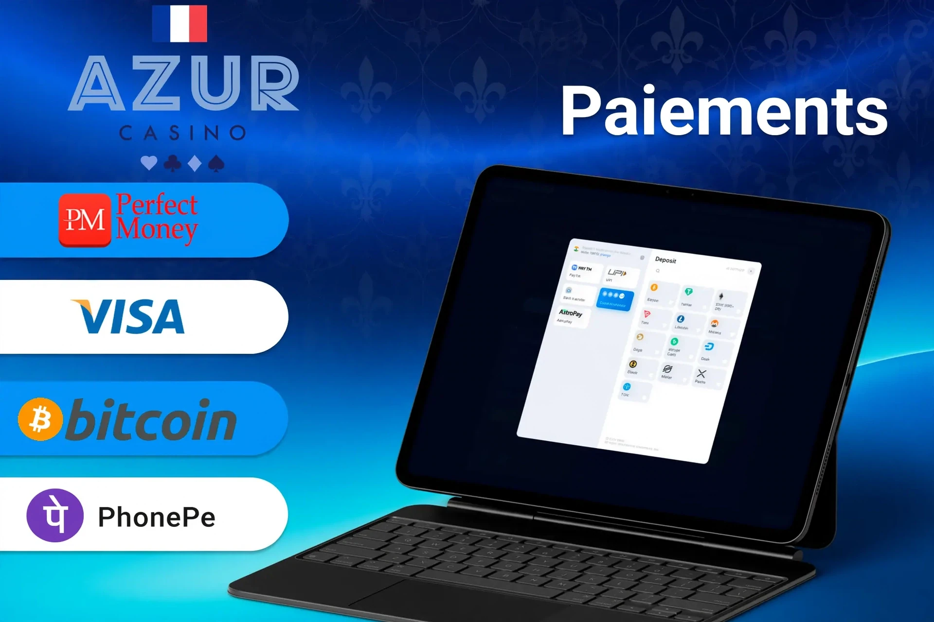 Méthodes de paiement d'Azur incluant Perfect Money, Visa, Bitcoin et Paylib pour des transactions rapides et sécurisées