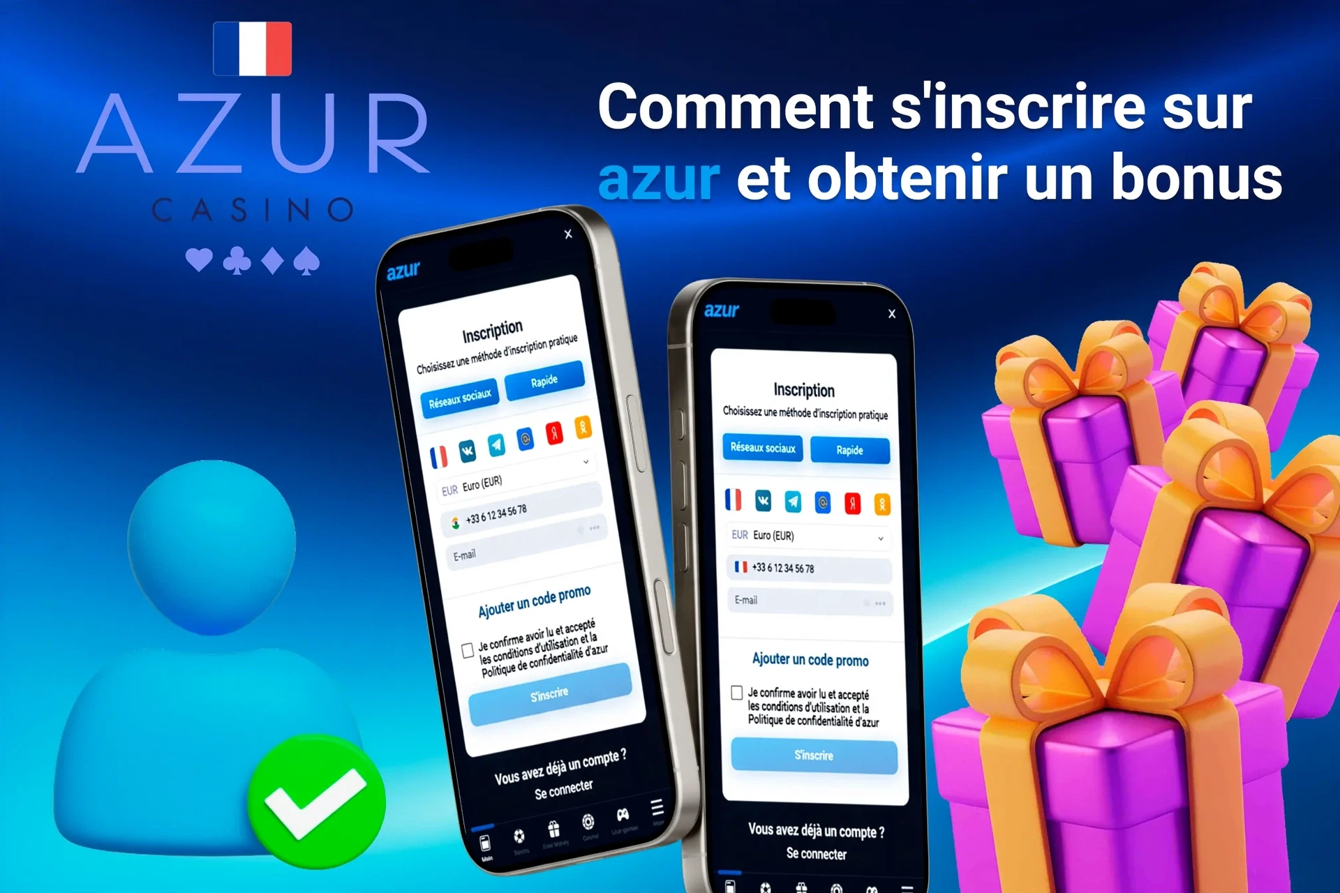 Page d'inscription mobile d'Azur montrant des offres de bonus avec des coffrets cadeaux violet et or