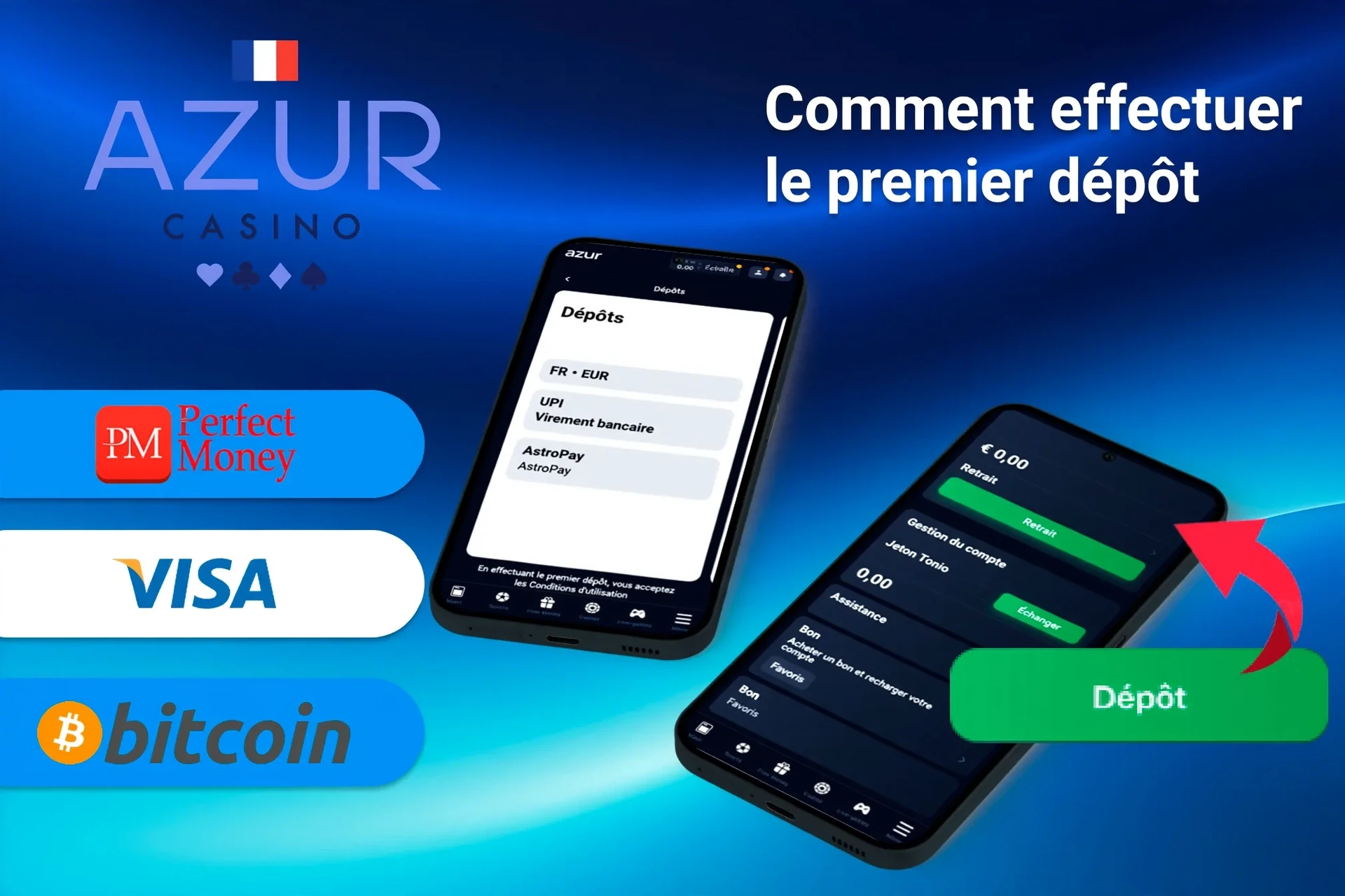 application mobile avec options de dépôt incluant Perfect Money, Visa et Bitcoin, ainsi qu'un bouton de dépôt