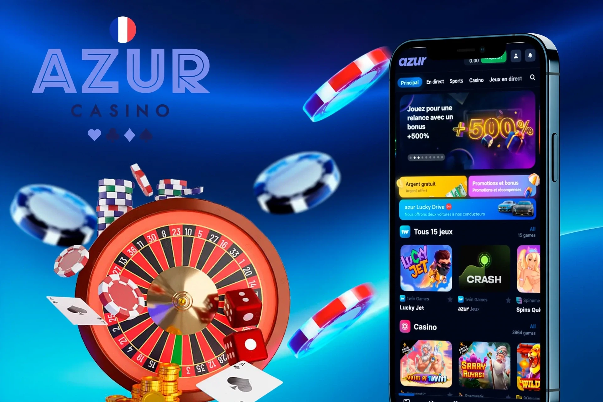 Version mobile de l'application Azur affichée sur des smartphones, offrant un accès rapide aux différentes fonctionnalités de paris et de jeux