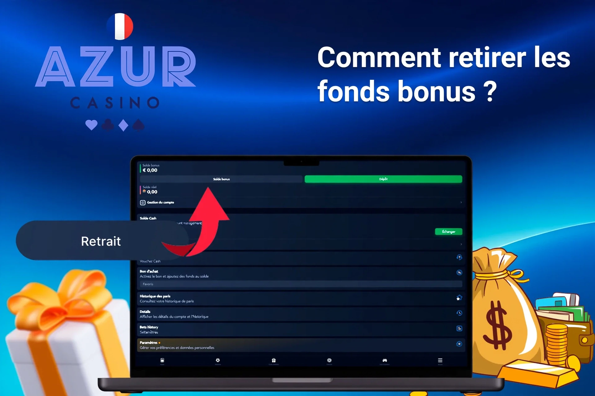 Écran d'ordinateur portable affichant les options de retrait d'Azur avec des sacs d'argent et des coffrets cadeaux en arrière-plan
