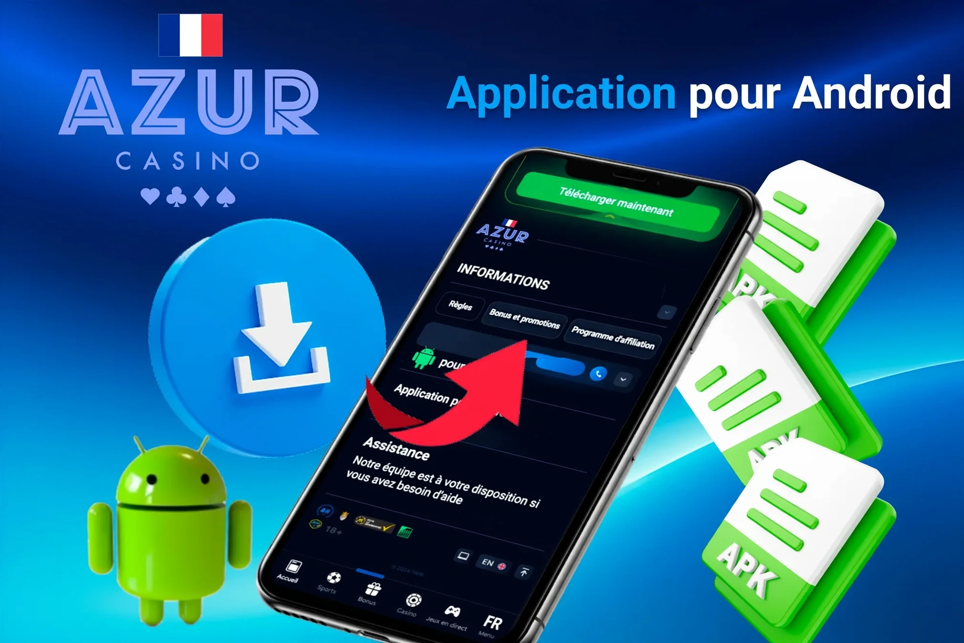 Processus de téléchargement de l'application Android avec icônes de fichier APK et mascotte Android