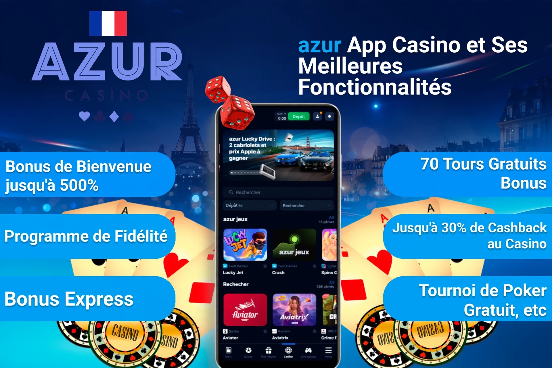Fonctionnalités principales de l'application casino Azur, y compris le bonus de bienvenue, le programme de fidélité et le bonus express sur interface mobile