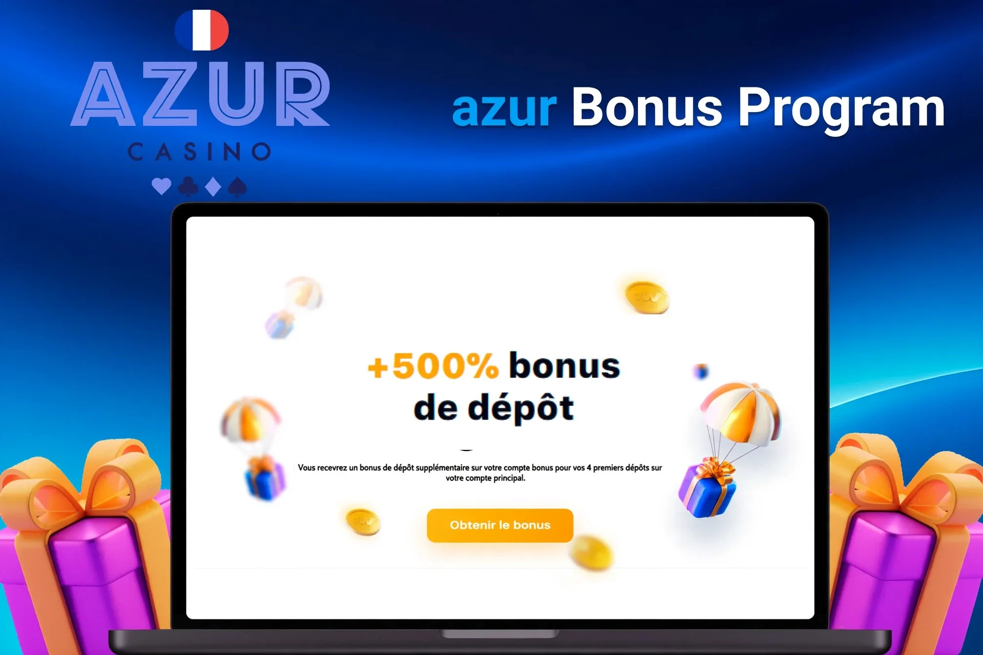 Ordinateur portable affichant une offre de bonus de dépôt +500% avec pièces flottantes et cadeaux