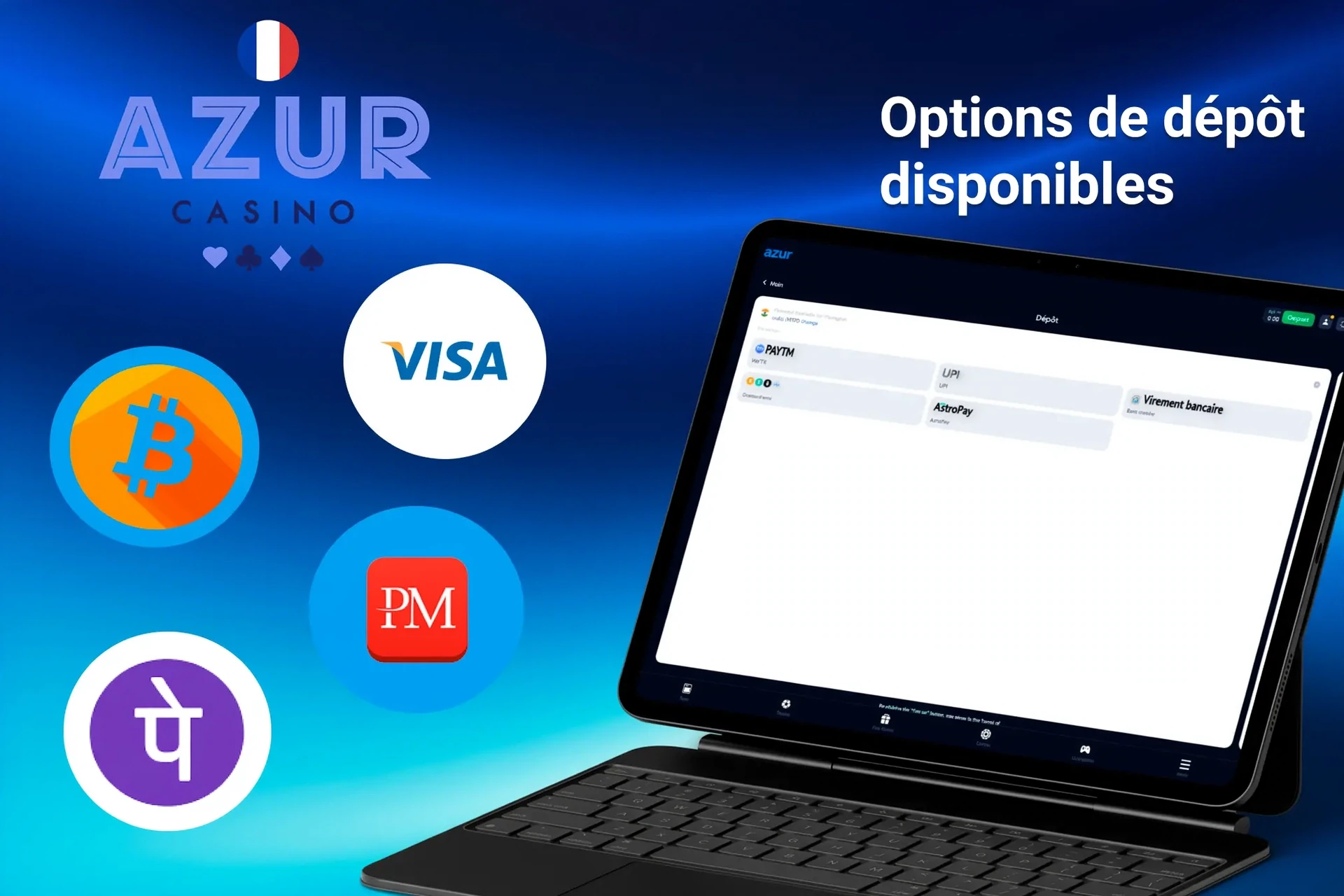 Options de dépôt disponibles sur la plateforme Azur, incluant Bitcoin, Visa, Paylib et Perfect Money, affichées sur une tablette