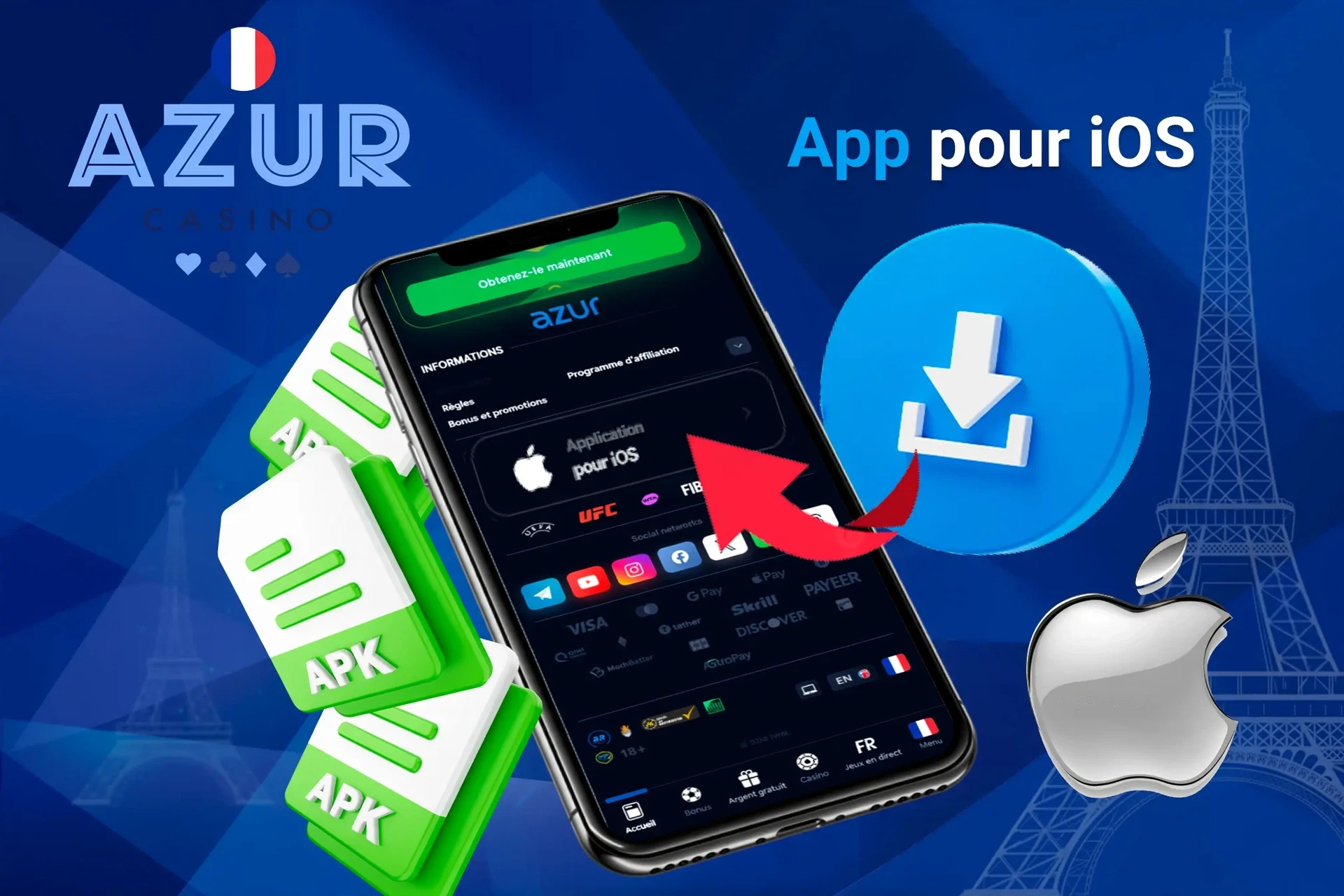 Écran de téléchargement de l'application iOS avec icônes de fichier APK et logo Apple