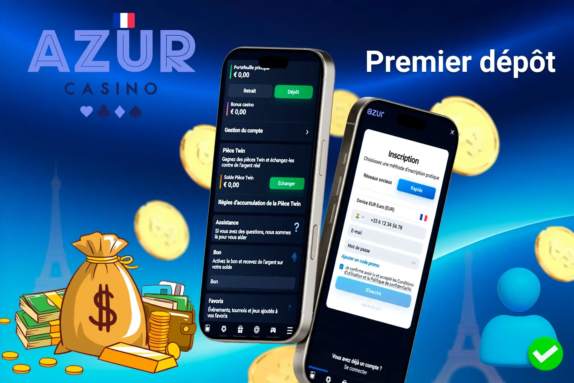 interface mobile montrant les étapes pour effectuer le premier dépôt, avec des icônes pour les options de paiement et l'inscription au bonus