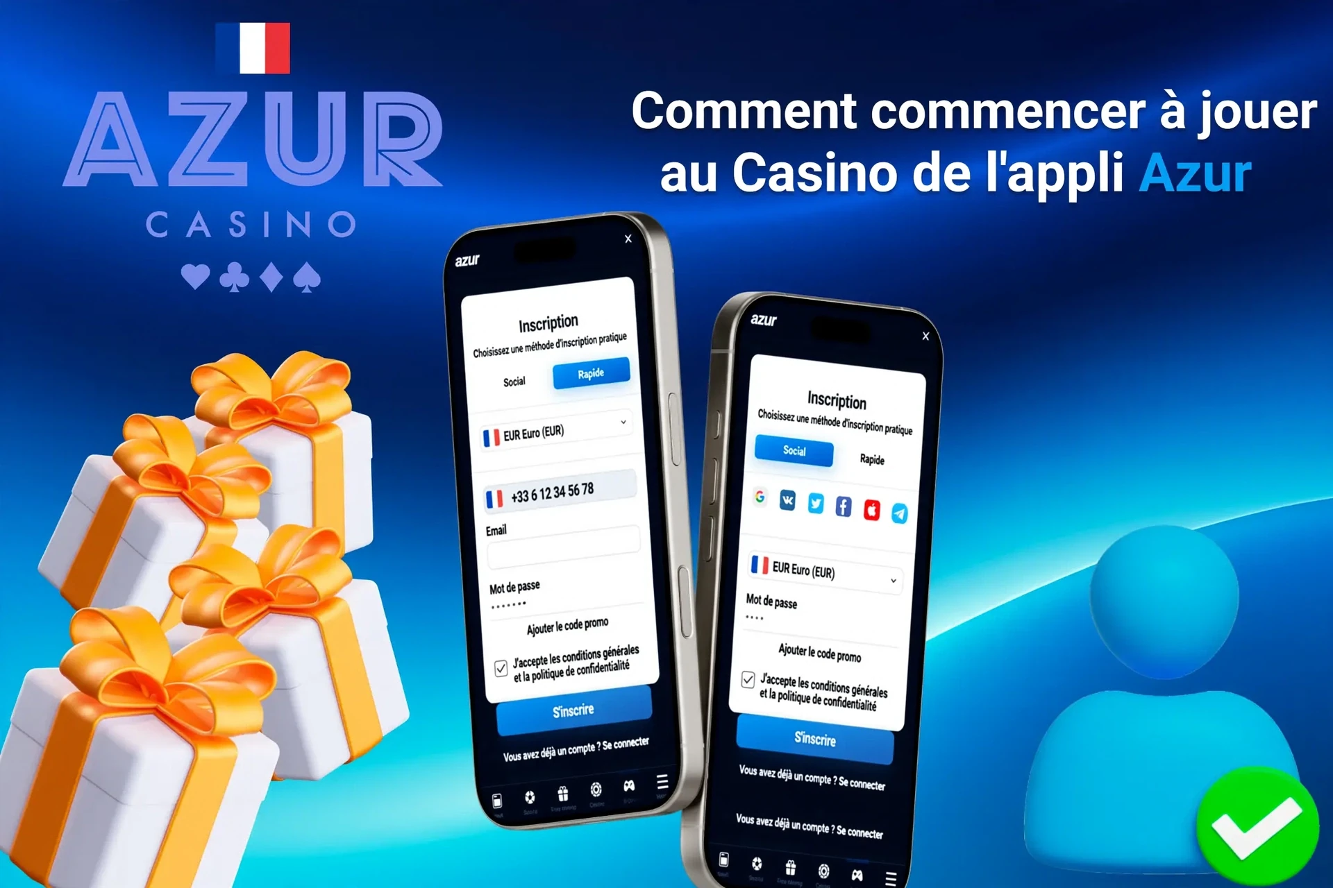Écran d'inscription de l'application Azur sur mobile avec des étapes faciles à suivre et des icônes de coffrets cadeaux