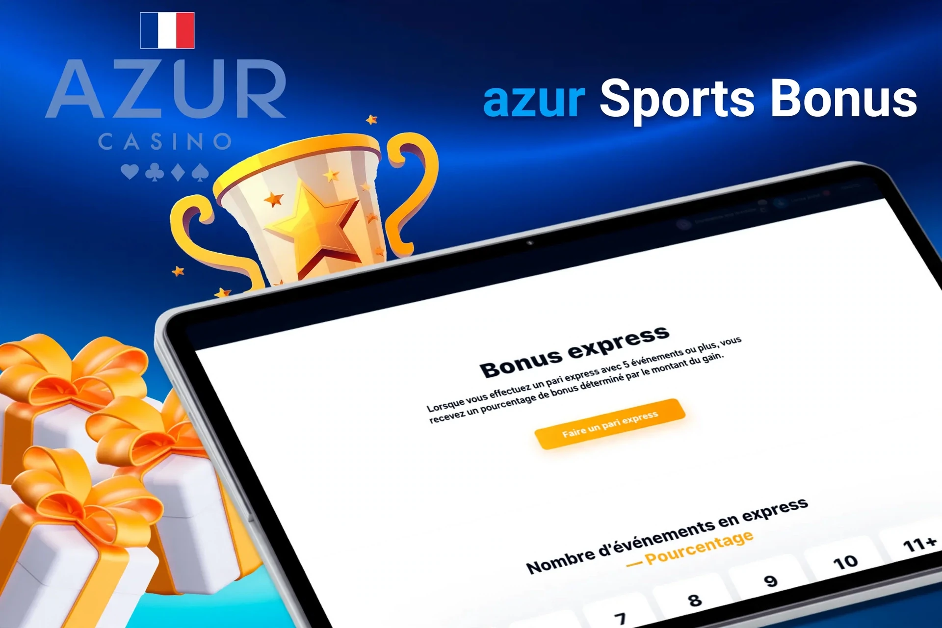Écran de tablette avec offre de bonus express pour les paris sportifs d'Azur, avec trophée et boîtes cadeaux.