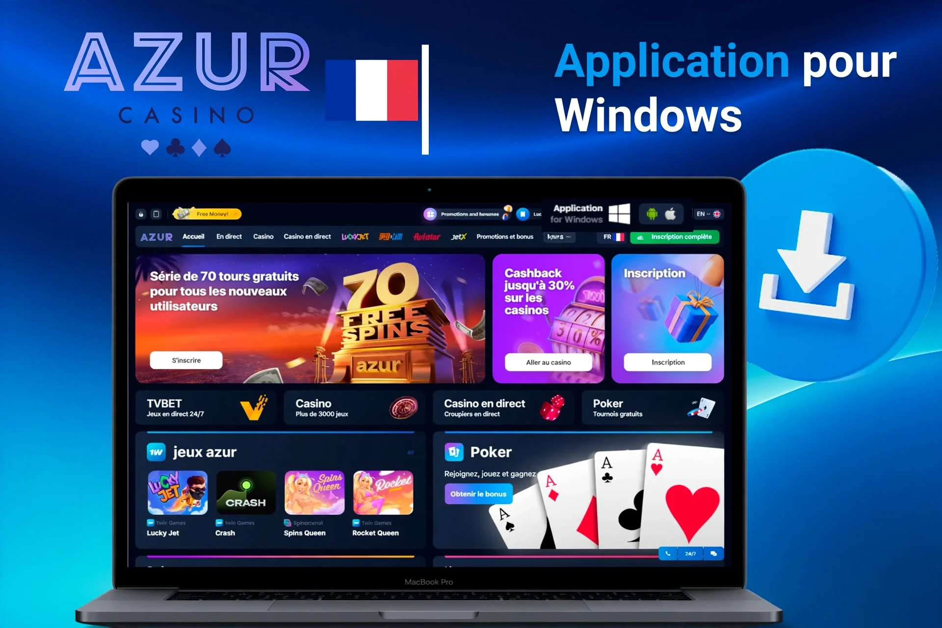 Application pour Windows avec instructions de téléchargement et promotion de 70 tours gratuits