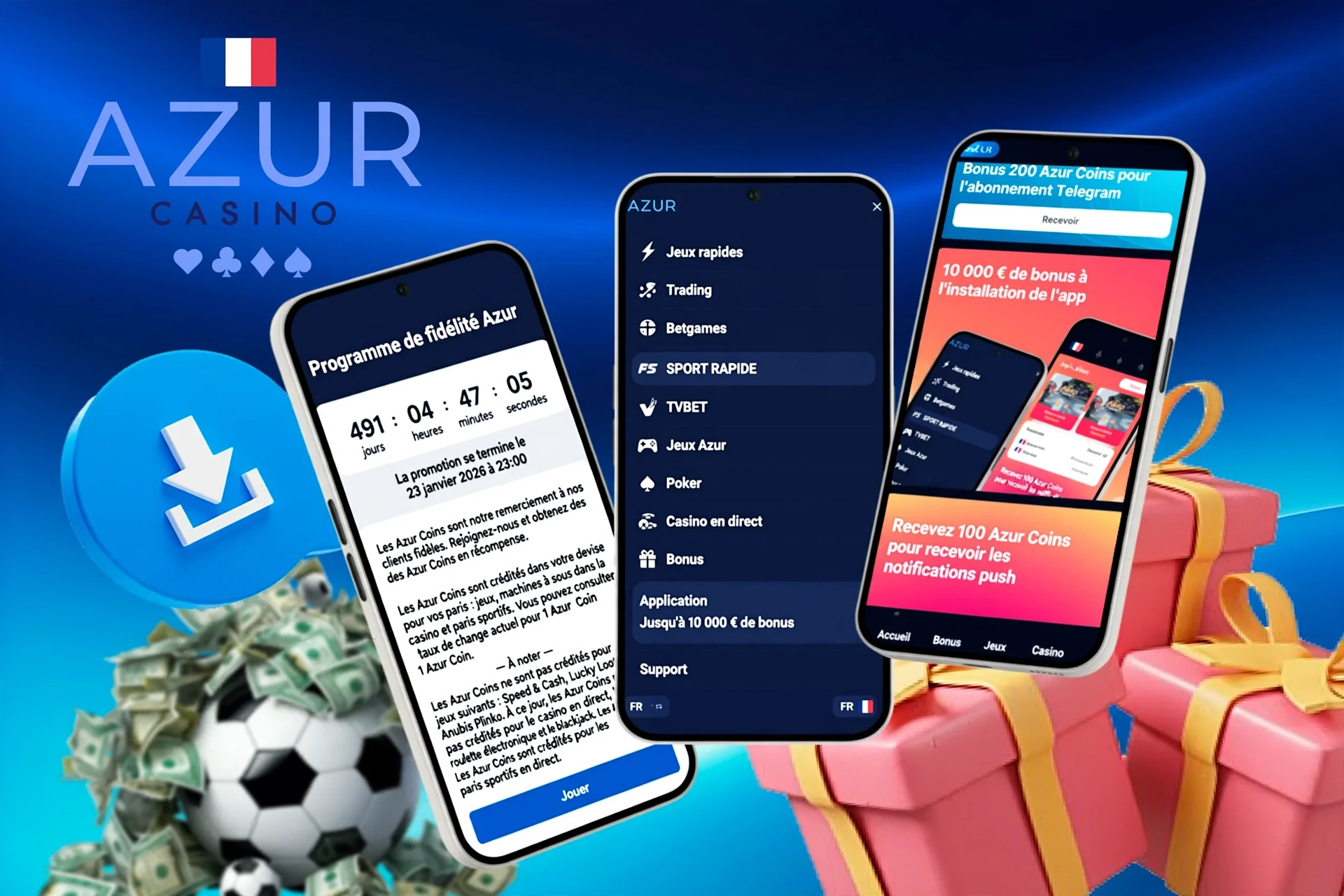 Écrans mobiles montrant le programme de fidélité, le bonus d'installation de l'application et une icône de football avec bouton de téléchargement