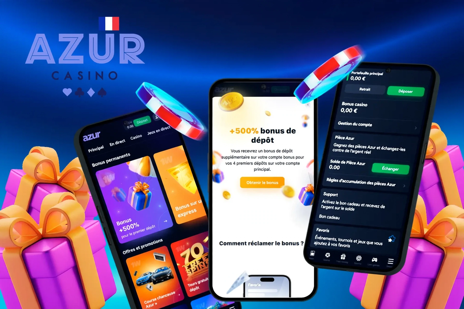 application montrant les instructions pour réclamer un bonus de dépôt de 500 % sur mobile avec des éléments de jeu colorés