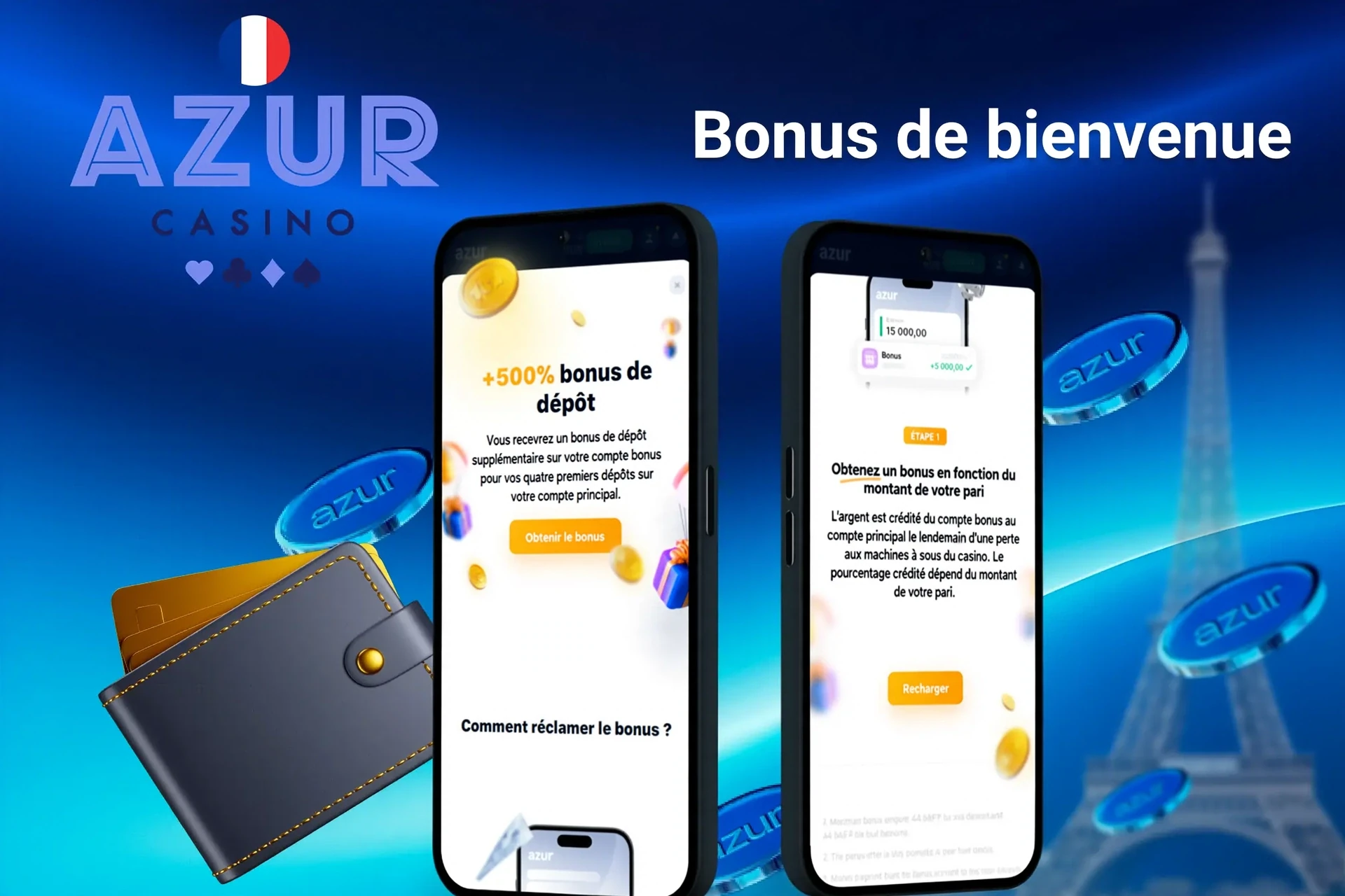 écran du bonus de bienvenue Azur avec +500% de bonus de dépôt pour les quatre premiers dépôts, affiché sur deux écrans mobiles