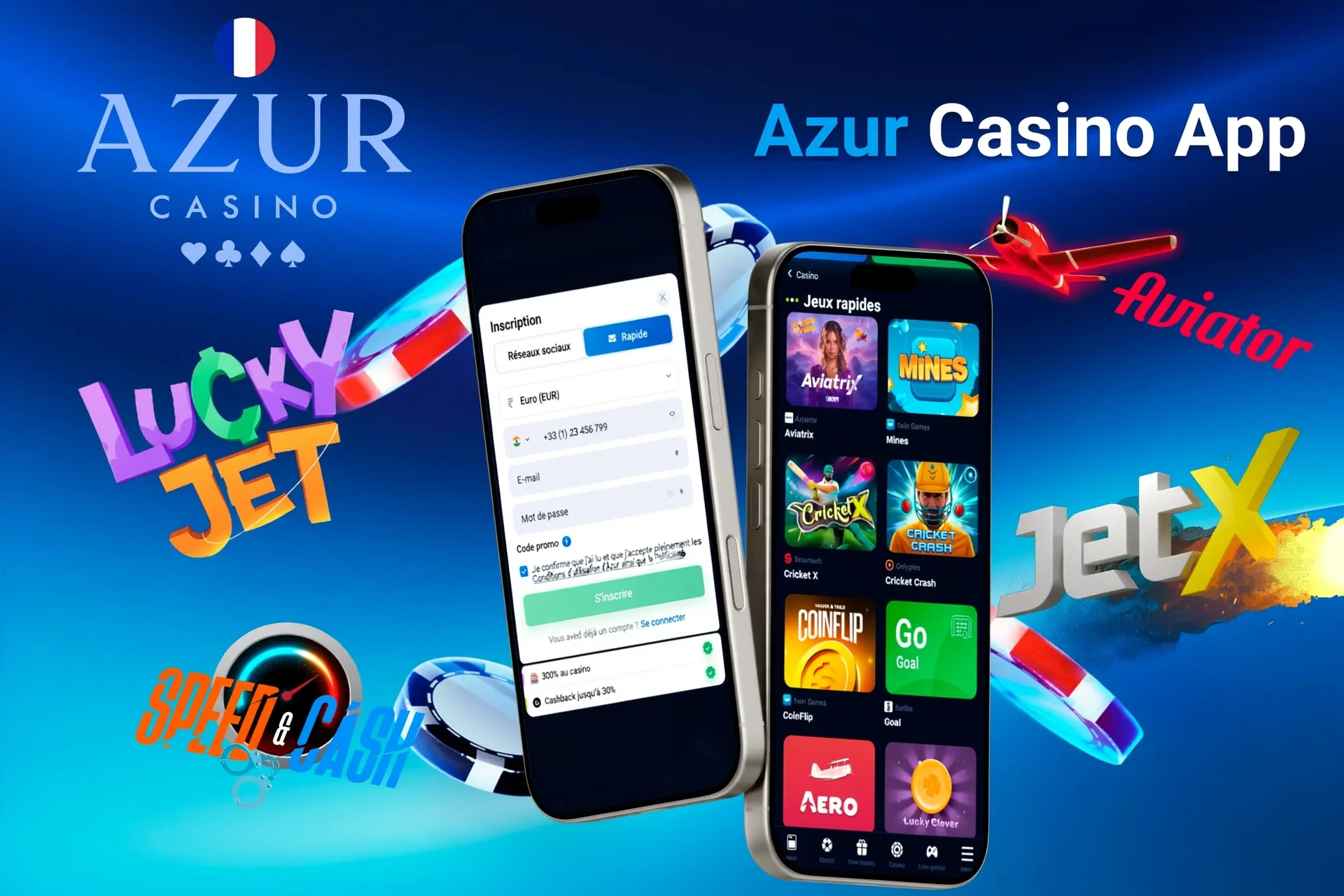 Écran d'enregistrement de l'application du casino Azur avec des jeux rapides comme Aviatrix et JetX