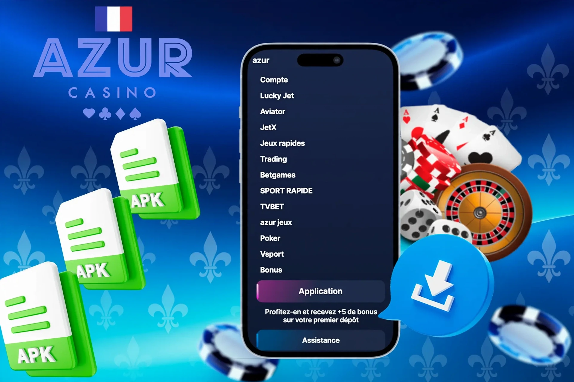 application Azur avec icônes de fichier APK et jetons de casino illustrant l'accès mobile aux jeux Azur