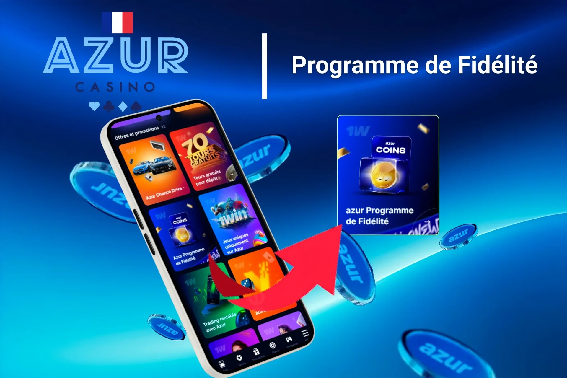 Application mobile présentant le programme de fidélité Azur et des offres comme des tours gratuits et Lucky Drive.
