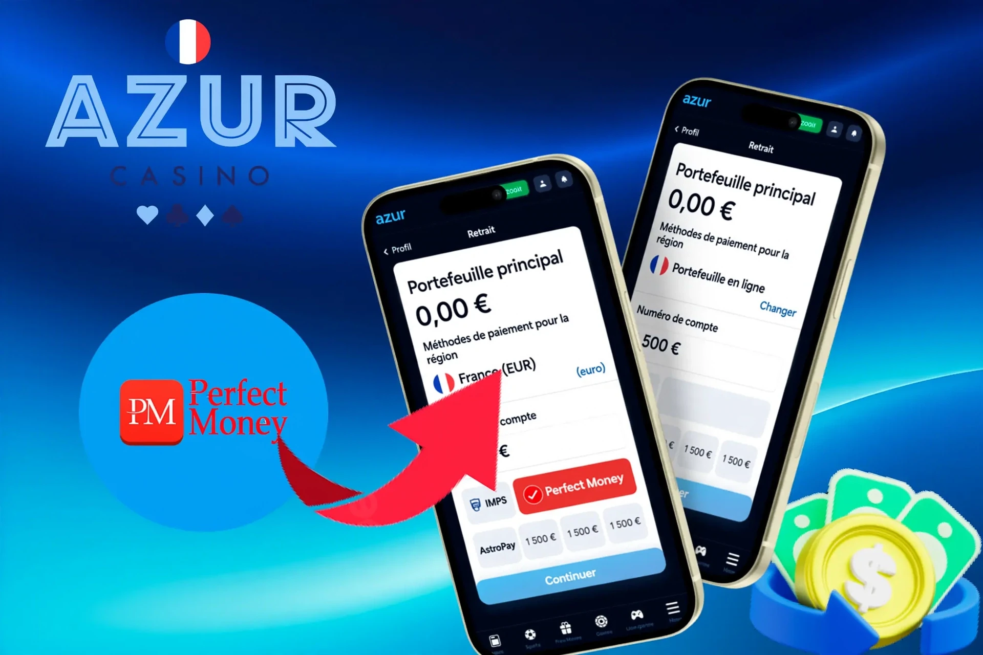 withdrawal options, featuring Perfect Money, AstroPay, and other wallet services, shown on a mobile interface
