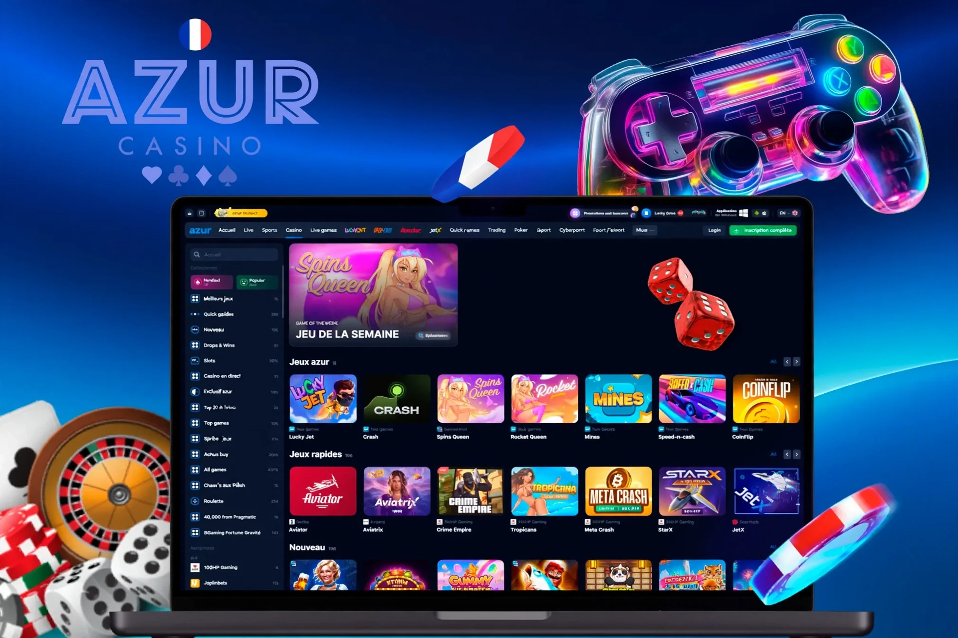 interface d'application montrant une variété de jeux comme Spins Queen, Crash et Rocket Queen avec une icône de manette de jeu vibrante