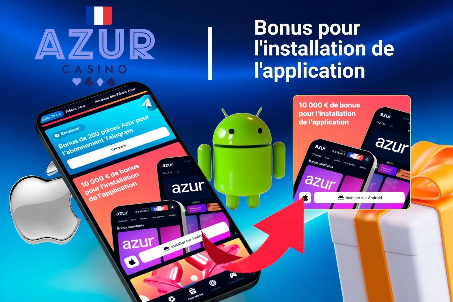 Offre de bonus Azur pour l'installation de l'application sur mobile avec logos Android et Apple, et des coffrets cadeaux