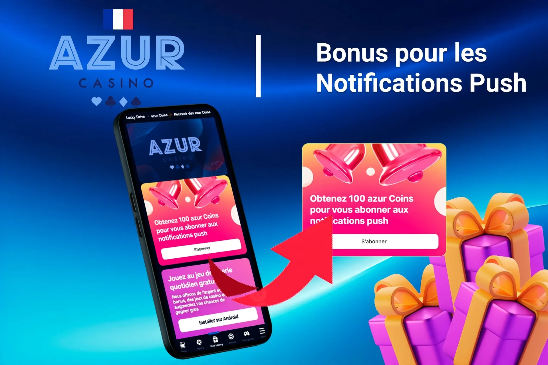 application mobile affichant des offres de bonus et promotions avec des pièces et des éléments liés au poker