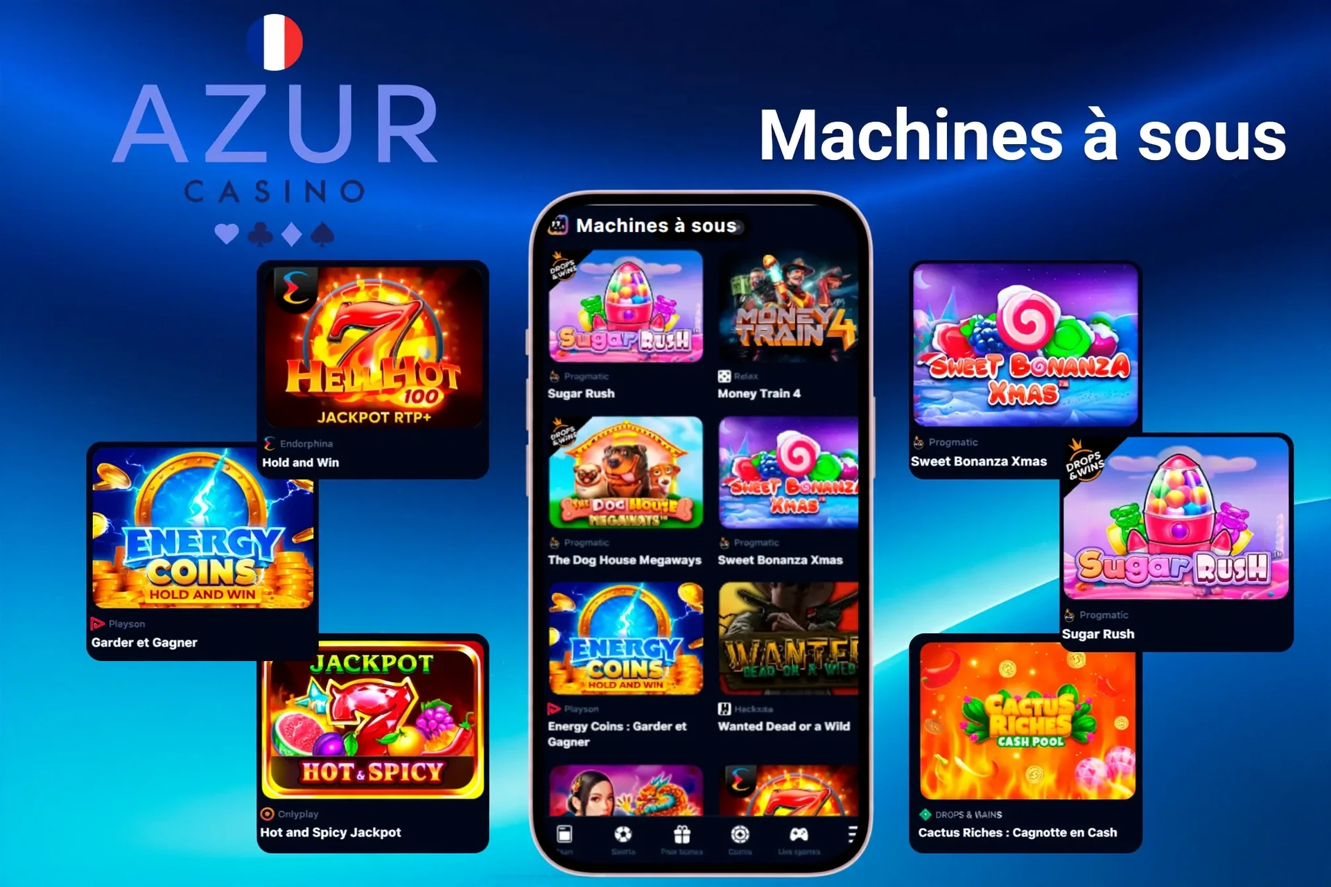 Machines à sous présentant des titres populaires comme Sugar Rush, Energy Coins et Hell Hot 100 sur mobile et ordinateur de bureau