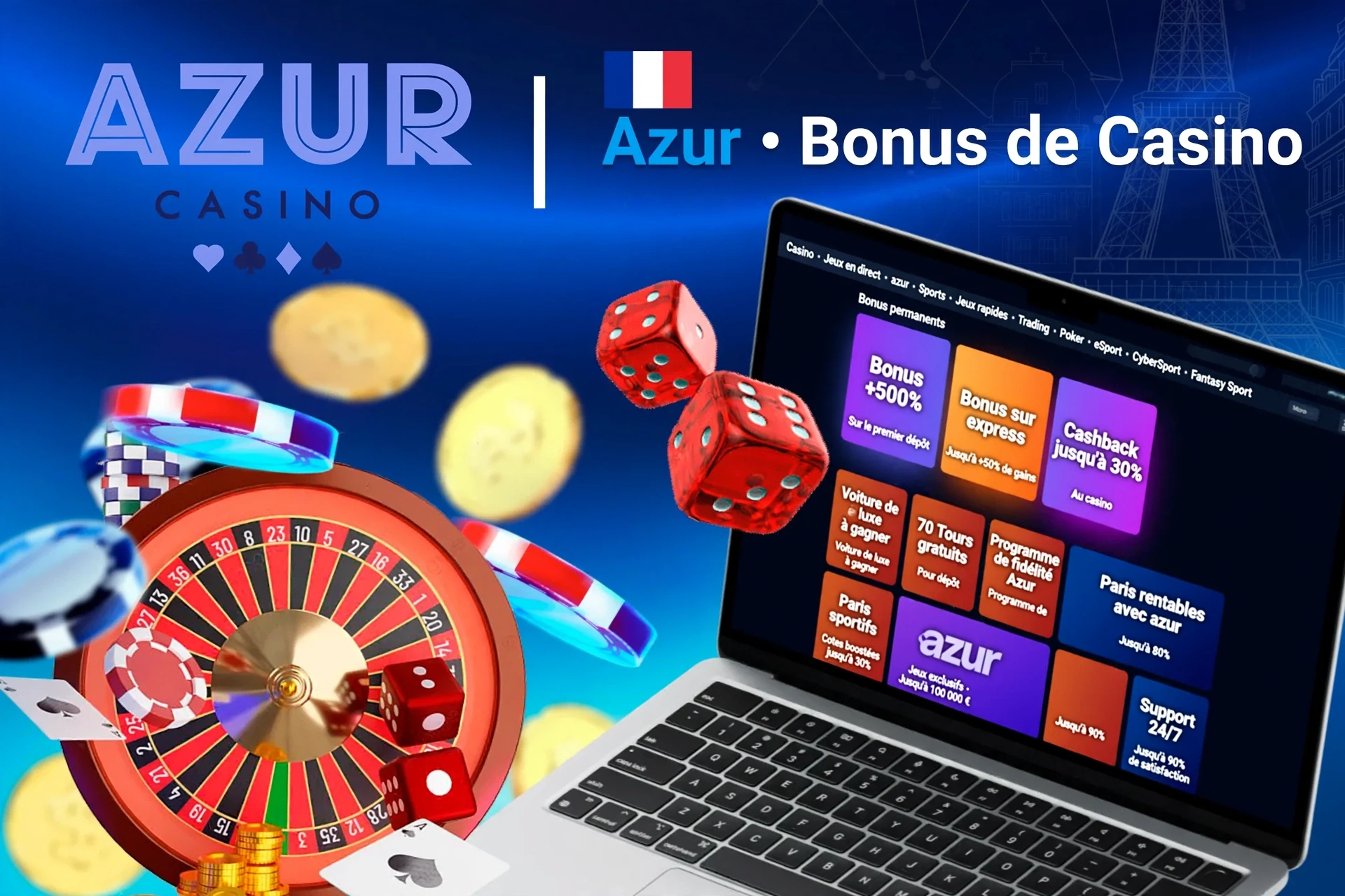 Écran d'ordinateur montrant divers bonus du casino Azur avec roulette, dés et jetons de poker