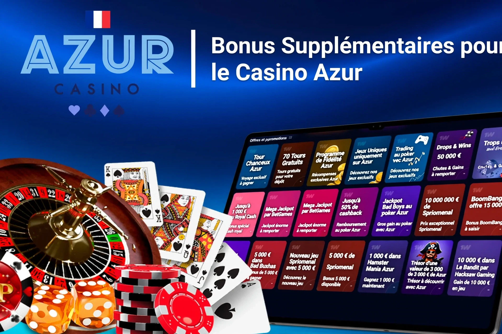 Application mobile montrant des offres de jeux de casino comme un programme de fidélité et des tours gratuits avec jetons et cartes