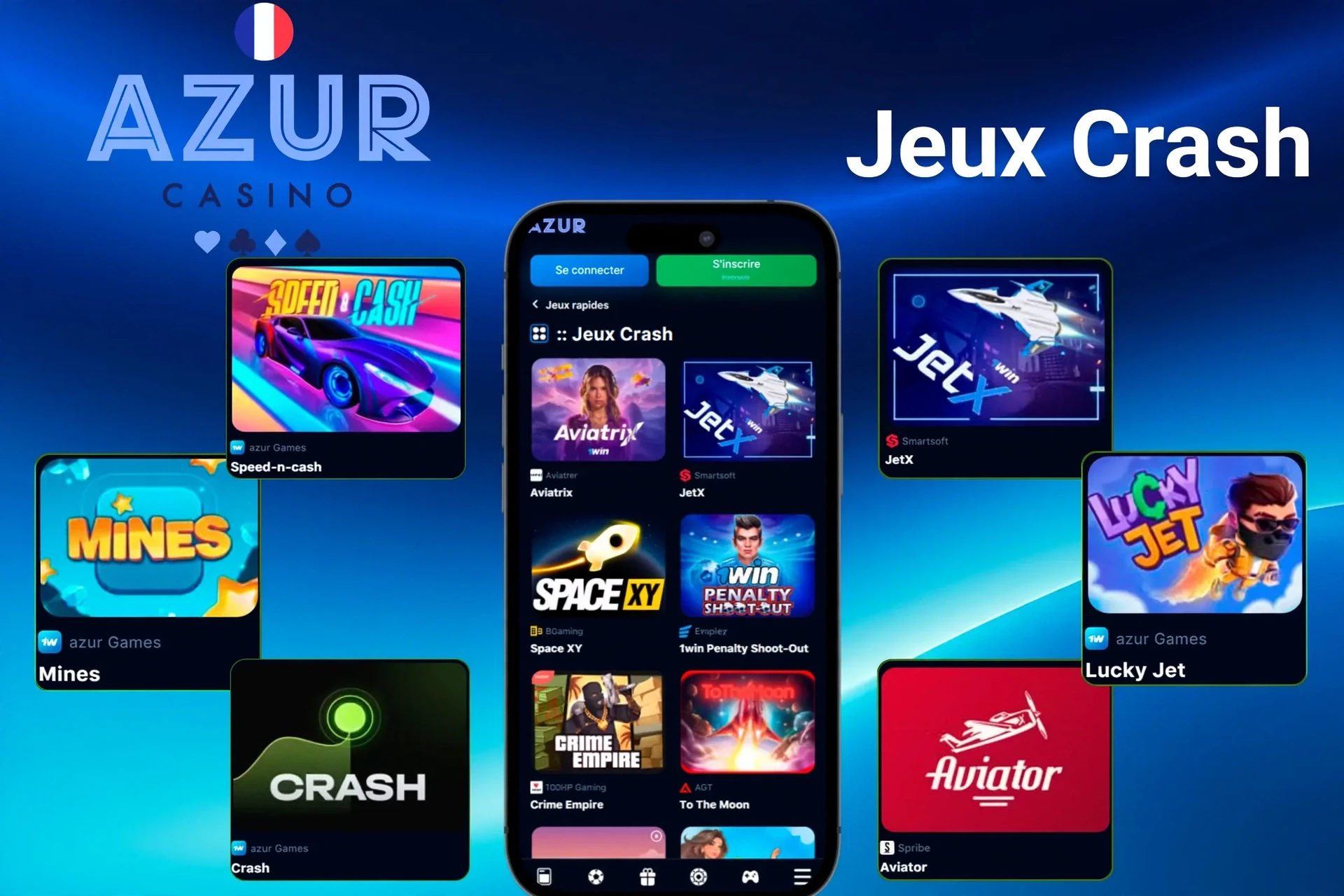 jeux crash tels que Mines, Speed-n-cash, JetX et Lucky Jet affichés sur l'application mobile