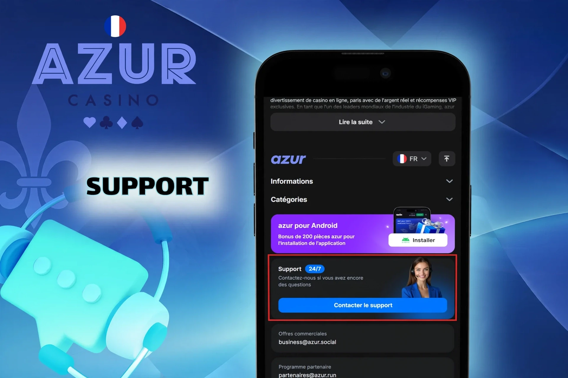 Support client Azur — chat en direct, e-mail et assistance pour résoudre les problèmes.
